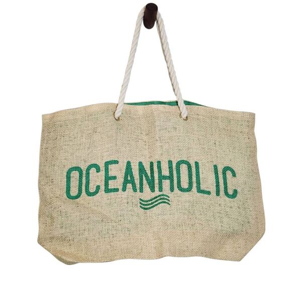 Pier27 Oceanholic Cream and Green Beach Bag with Rope Handle Natural Beach Bag - Picture 1 of 7